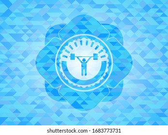 weightlifting icon inside sky blue emblem with mosaic background