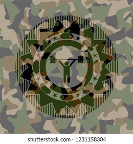 weightlifting icon on camouflaged texture
