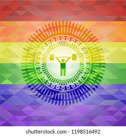 weightlifting icon on mosaic background with the colors of the LGBT flag