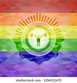 weightlifting icon on mosaic background with the colors of the LGBT flag