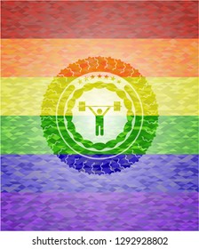 weightlifting icon on mosaic background with the colors of the LGBT flag