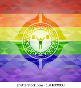weightlifting icon on mosaic background with the colors of the LGBT flag. 