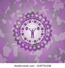 weightlifting icon on pink and purple camouflaged pattern