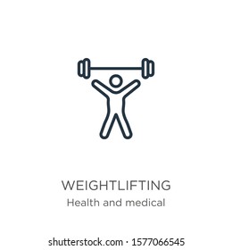 Weightlifting icon. Thin linear weightlifting outline icon isolated on white background from health collection. Line vector sign, symbol for web and mobile