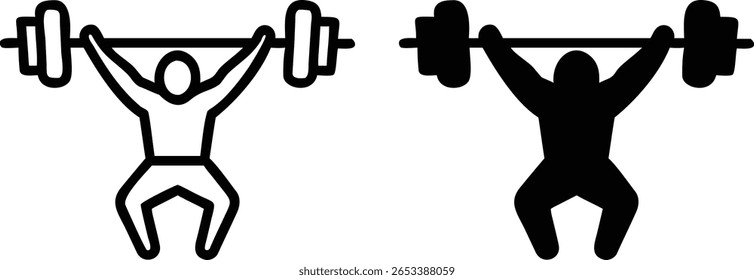 Vetor de Ícone de Levantamento de Peso em Contorno e Estilo Sólido Mostrando Treinamento de Fitness e Conceito de Força