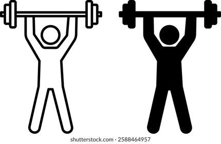 Weightlifting Icons. Black and White Vector Drawings. Athlete Lifting Barbell. Strength Training. Sport and Gym Concept