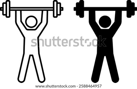 Weightlifting Icons. Black and White Vector Drawings. Athlete Lifting Barbell. Strength Training. Sport and Gym Concept