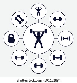weightlifting icons set. Set of 9 weightlifting filled icons such as barbell, bodybuilder, power lifter, barbell   isolated