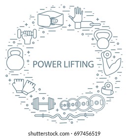 Weightlifting icons set arranged in a circle. Healthy lifestyle and physical activity.