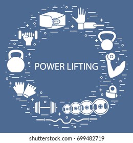 Weightlifting icons set arranged in a circle. Healthy lifestyle and physical activity.