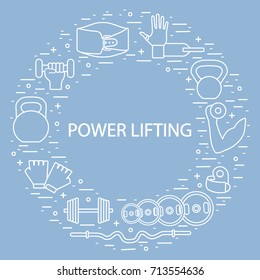 Weightlifting icons set arranged in a circle. Healthy lifestyle and physical activity.