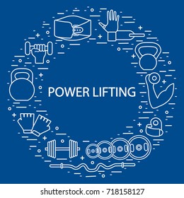 Weightlifting icons set arranged in a circle. Healthy lifestyle and physical activity.