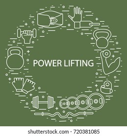 Weightlifting icons set arranged in a circle. Healthy lifestyle and physical activity.