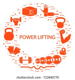 Weightlifting icons set arranged in a circle. Healthy lifestyle and physical activity.