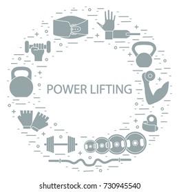 Weightlifting icons set arranged in a circle. Healthy lifestyle and physical activity.