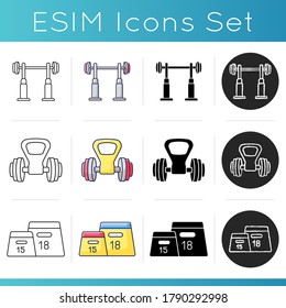 Iconos de elevación de pesas. Estilos de color lineales, negros y RGB. Cajas de plástico, cremallera de cuclillas y mango de timbre. Equipamiento profesional para la construcción de cuerpos. Ilustraciones vectoriales aisladas