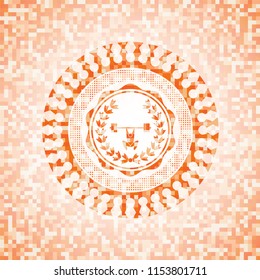 weightlifting inside of crown icon inside abstract orange mosaic emblem with background