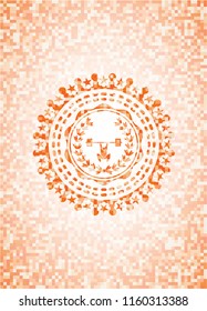 weightlifting inside of crown icon inside abstract orange mosaic emblem with background