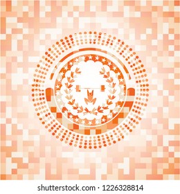 weightlifting inside of crown icon inside abstract emblem, orange mosaic background