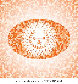 weightlifting inside of crown icon inside abstract emblem, orange mosaic background