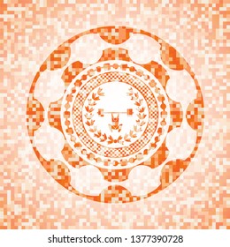 weightlifting inside of crown icon inside abstract emblem, orange mosaic background