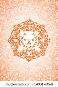 weightlifting inside of crown icon inside abstract orange mosaic emblem with background