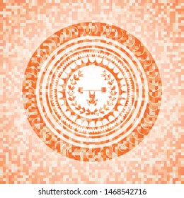 weightlifting inside of crown icon inside abstract emblem, orange mosaic background
