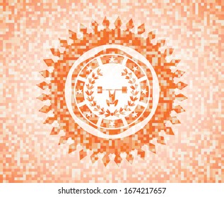 weightlifting inside of crown icon inside abstract orange mosaic emblem