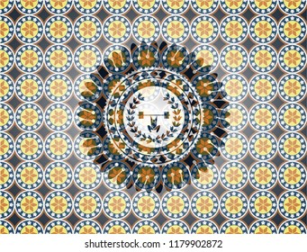 weightlifting inside of crown icon inside arabesque style badge. arabic decoration.