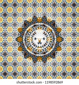 weightlifting inside of crown icon inside arabesque style emblem. arabic decoration.
