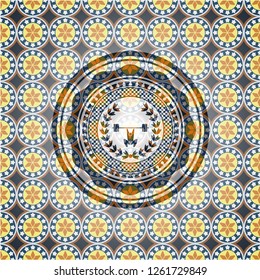 weightlifting inside of crown icon inside arabesque style emblem. arabic decoration.