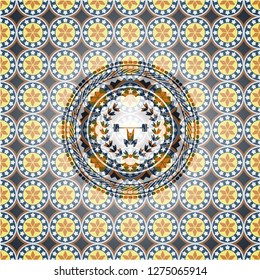 weightlifting inside of crown icon inside arabesque badge. arabic decoration.