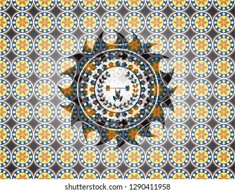 weightlifting inside of crown icon inside arabesque emblem. arabic decoration.