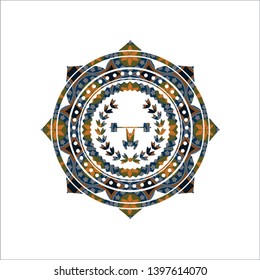 weightlifting inside of crown icon inside arabesque emblem background. arabic decoration.