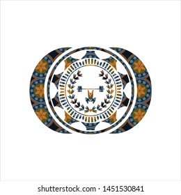 weightlifting inside of crown icon inside arabesque badge. arabic decoration.