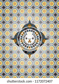weightlifting inside of crown icon inside arabic badge. Arabesque decoration.