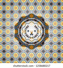 weightlifting inside of crown icon inside arabic emblem. Arabesque decoration.