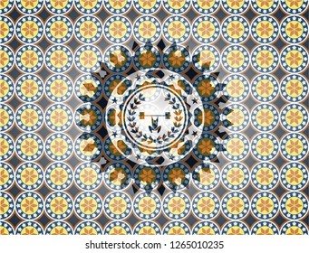 weightlifting inside of crown icon inside arabic badge. Arabesque decoration.