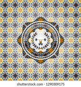 weightlifting inside of crown icon inside arabic style emblem. Arabesque decoration.