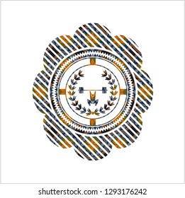 weightlifting inside of crown icon inside arabic style emblem. Arabesque decoration.