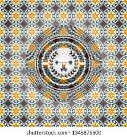 weightlifting inside of crown icon inside arabic badge. Arabesque decoration.
