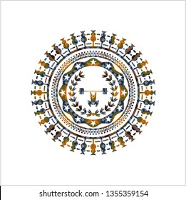 weightlifting inside of crown icon inside arabic style badge. Arabesque decoration.