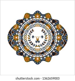 weightlifting inside of crown icon inside arabic style emblem. Arabesque decoration.