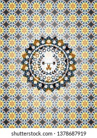 weightlifting inside of crown icon inside arabic style badge. Arabesque decoration.