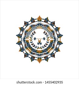 weightlifting inside of crown icon inside arabic badge. Arabesque decoration.