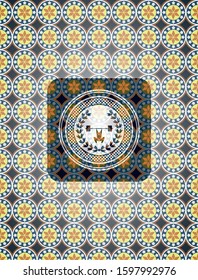 weightlifting inside of crown icon inside arabic style emblem. Arabesque decoration.