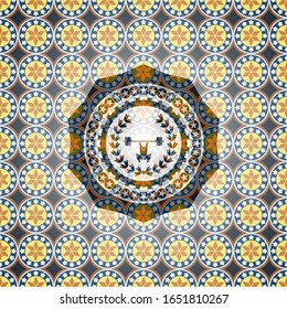 weightlifting inside of crown icon inside arabic emblem. Arabesque decoration.