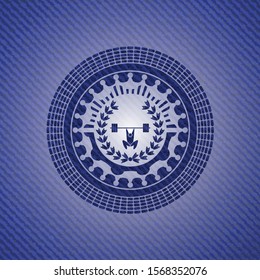 weightlifting inside of crown icon inside badge with denim texture