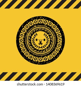 weightlifting inside of crown icon black grunge emblem, yellow warning sign. Vector Illustration. Detailed.