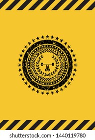 weightlifting inside of crown icon black grunge emblem, yellow warning sign. Vector Illustration. Detailed.